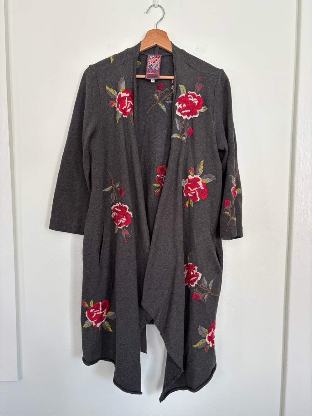 Johnny Was || Auri Draped Cardigan Coat Embroidered Floral Belted Gray Pink M View 3